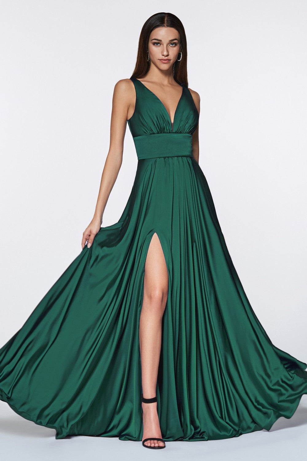 Elliot Satin V Neck Aline Skirt Bridesmaid Dress 7407469AR-Emerald