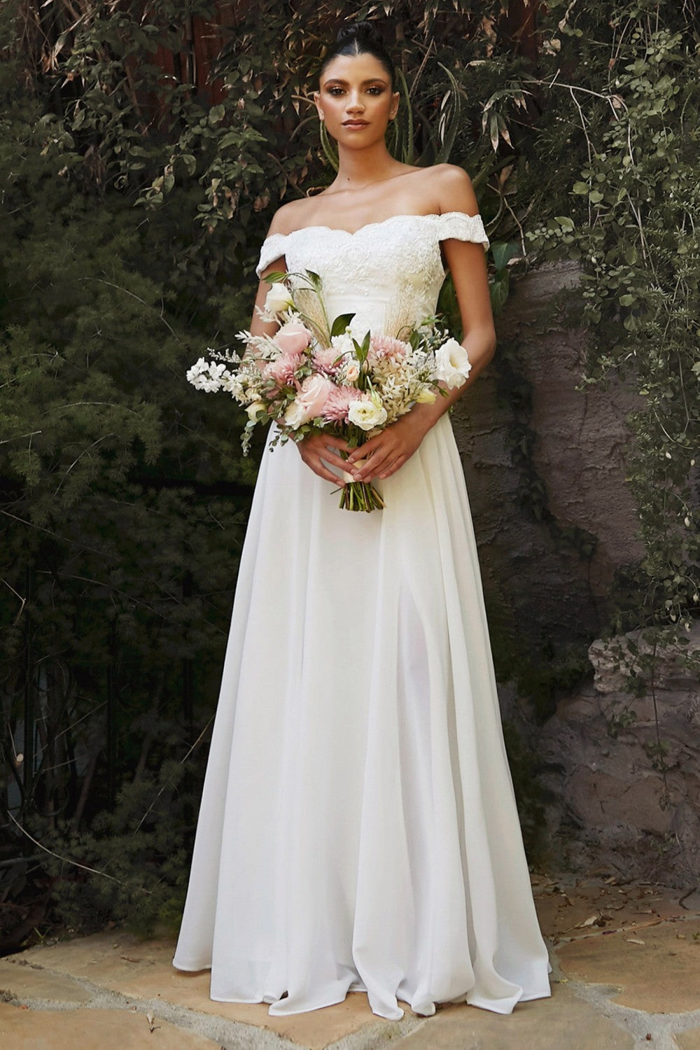 Dina Wedding Dress Off the Shoulder with Chiffon Skirt C7258KR-White –  Modern Vintage Gowns